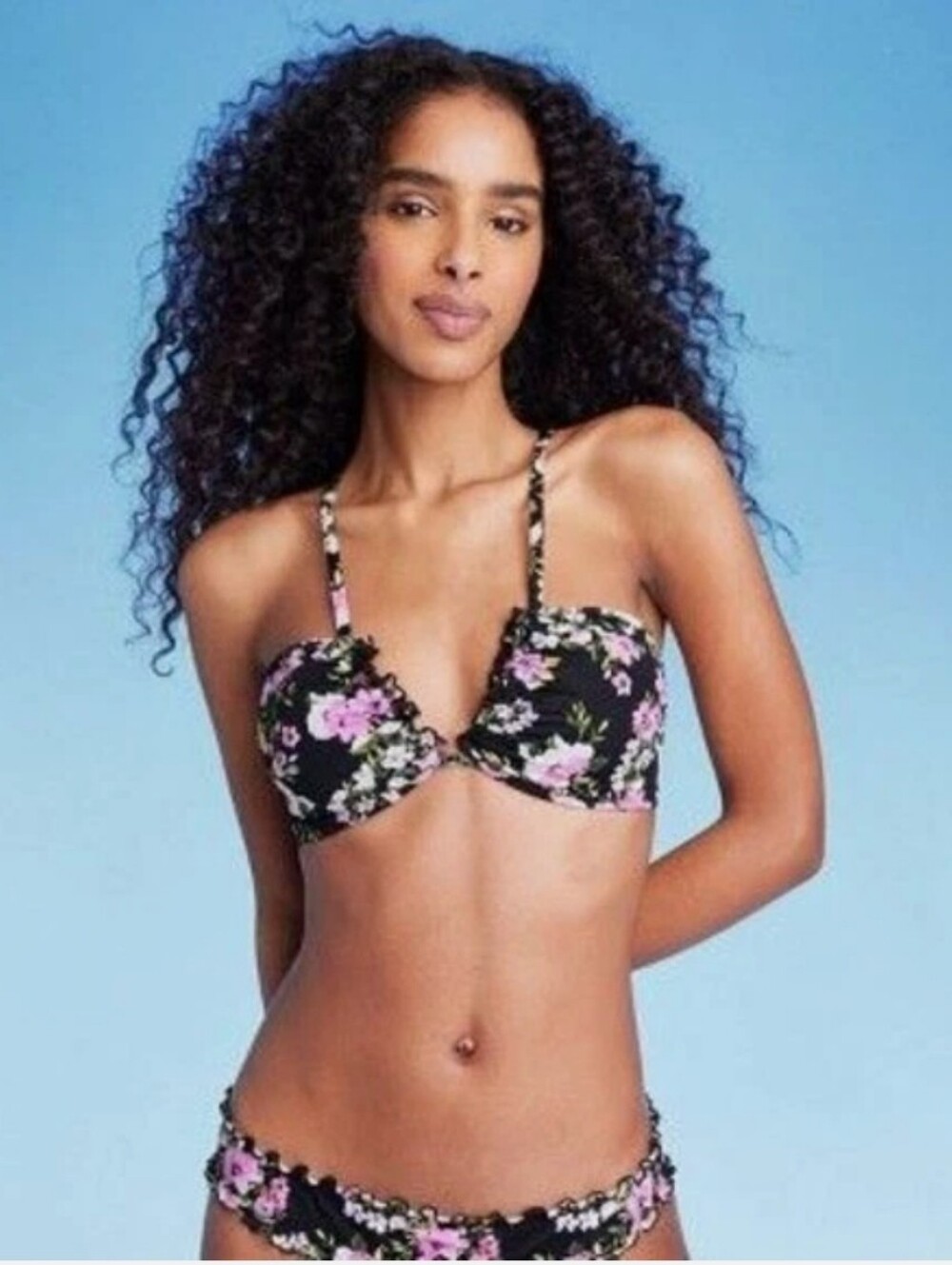 Shade & Shore Women's Tunneled Front Ruffle Bikini Top Black Floral Print Medium